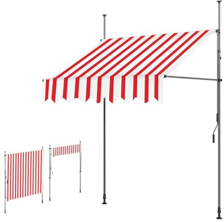 Tenda da sole regolabile da 2,5 m con manovella, bracci estensibili, installazione senza trapano, per balcone e terrazza, colore: rosso e bianco, perfetta per parasole e protezione esterna