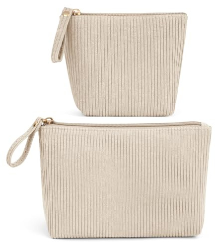 MAGEFY 2Pcs Makeup Bag Set, Cute Makeup Pouch for Purse Corduroy Travel Cosmetic Pouch for Women with Slip-in Pockets for Purse Essentials Accessories(Beige,Mini+Small)
