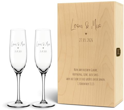 VILLA ROSA LOTTA - Leonardo Sektglas mit Gravur und Holzkiste im Set - Hochzeitsgeschenke für Brautpaar, Personalisiertes Geschenk zur Hochzeit, Verlobung, Jahrestag mit Name und Datum (Sekt + Kiste)