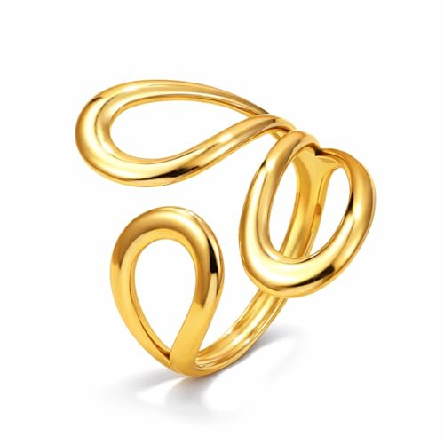 BelleFlair Women's Ring, Adjustable Thumb Ring in Statement Design, Wide Open Finger Jewellery made of Stainless Steel, Waterproof, Chunky Wrap Look (Gold)