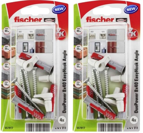 fischer EasyHook Angle K (4), Set aus 4 Winkelhaken-Schrauben und DuoPower, Spanplattenschrauben mit Haken, flexible Schraubhaken zur Montage in zahlreichen Baustoffen, 8 x 40 Dübeln (Packung mit 2)