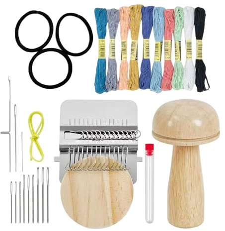 Generisch Mini-Pilz-Stopfwebstuhl, kleine Stopfwebstuhl mit 14 Haken, 11 Nadeln mit großem Öhr und 10 Farbfäden, DIY-Strickflicken-Werkzeug für Anfänger beim Ausbessern von Jeanssocken