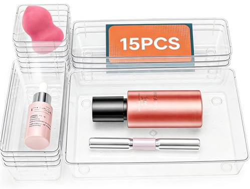 15 Stück Schubladen Organizer - Schubladeneinsatz Schubladen Organizer mit 4 Größen Schminktisch Organizer Kunststoff Ordnungssystem Drawer Organizers für Küchen, Schlafzimmer, Büro, Make-up