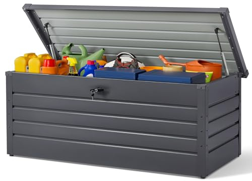 DKIEI 600L Extra Large Garden Storage Box Waterproof | Lockable Metal Garden Storage Box with Built-in Lock, XXL Outdoor Storage Unit for Cushion, Tools, Anthracite Grey, 165x70x62 cm