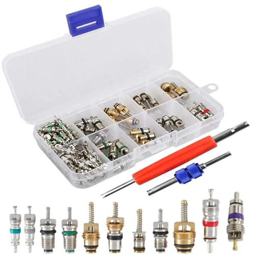 FiTspi - 102 pièces d'accessoires pour embouts de valve A/C R134A & R12, outils de démontage de valves de pneu pour climatiseur métallique pour vélo, moto, remplacement et entretien de climatisation