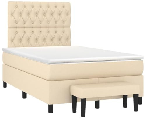 mtlskopl Boxspringbett 120x190 cm mit Matratze und Topper Komplettset Creme, Polsterbett Stoffbett mit Höhenverstellbarem Kopfteil und Sitzbank, Bettanlage für Schlafzimmer