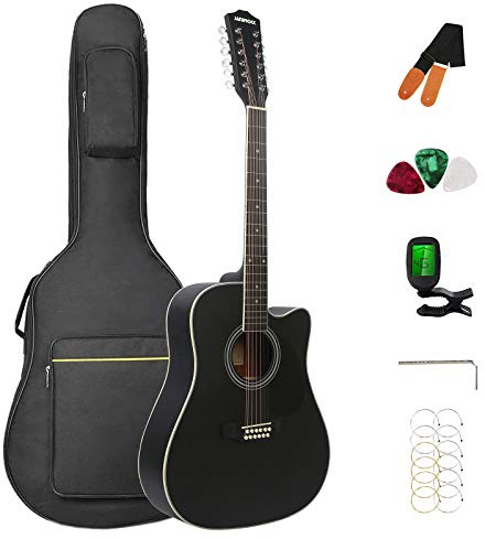 Barra de armadura ajustable para guitarra acústica de 12 cuerdas, paquete completo con bolsa de concierto, afinador, cuerdas, correa, púas, color negro