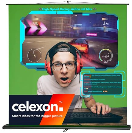 celexon Greenscreen Rollo-Leinwand Chroma-Key 110 | 200x190cm 1:1 | Foto-Video-Hintergrund als kleine Kulisse & Streaming- oder Homeoffice-Background | Roll-up-screen zur Decken- & Wandmontage