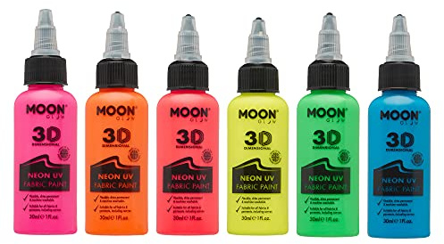Moon Glow – neon UV 3D tygfärg – 30 ml – textilfärg för kläder, t-shirts, väskor, skor och duk (set med 6)