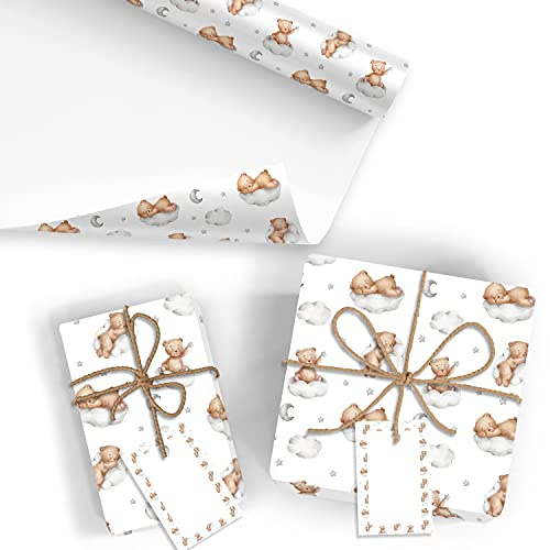 10x Geschenkpapier für Baby/Kind Motiv Bär - 10 große Bogen je 70 x 100 cm - verpackt als eine Rolle - inkl. Passende Geschenkanhänger - Umweltfreundliche Geschenkverpackung - Marke Neuser