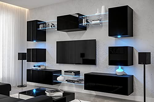 Nowara Wohnwand Modern - Hängend mit LED RGB - 16 Farben | Wohnzimmer Schrankwand mit Regalen und TV Schrank