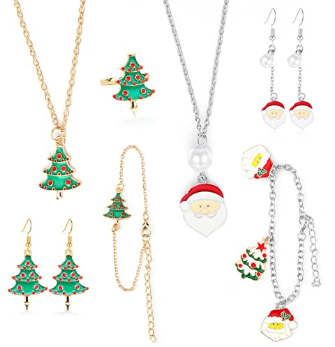 DPKOW 9 Stk Weihnachten Schmuck Set Halskette Ringe Armbänder Weihnachten Ohrringe Anhänger zum Kinder Mädchen Damen, Nikolaus Weihnachtsbaum Schmuck Geschenke
