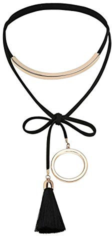 Gualiy Tattoo-Halskette Samt Halsband Bow-Knot Tassel O-Ring Form Anhänger Hoker Maskenspiel Halsschmuck Schwarz Rose Gold, 111CM