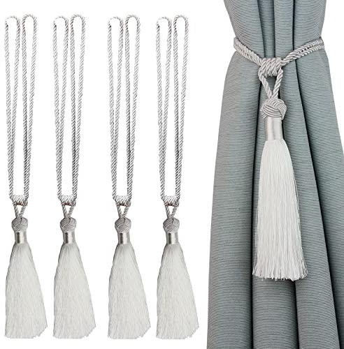 Vorhang Raffhalter Vorhang Seilquasten mit Fransen und Quaste handgefertigt für Haus Dekoration 4 Stück (White, 4)