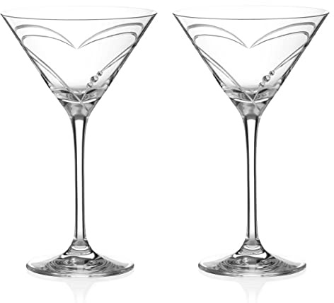 DIAMANTE Martini Prosecco Cocktail Glasses Pair - ‘Hearts' - Hand Cut Crystal Glass with Crystals - Gift Box