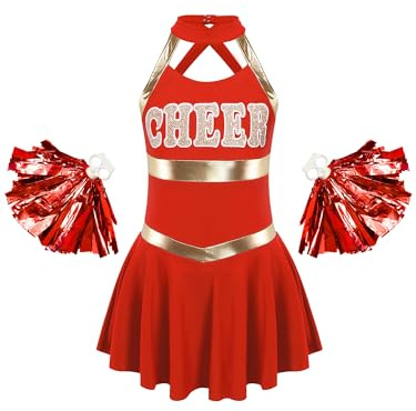 MSemis Mädchen Cheer Leader Kostüm Ärmellose Tanzkleid Cheerleading Outfit mit Pompoms Schulmädchen Uniform Halloween Karneval Rot 158-164