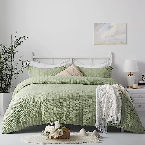 Sedefen Housse de Couette Seersucker 240x260cm Rayures Vert + 2 x Taies d'oreiller 65x65cm avec Fermeture Eclaire Adulte Ado Doux Confortable Elegant Parure de lit 2 Personnes Rayé