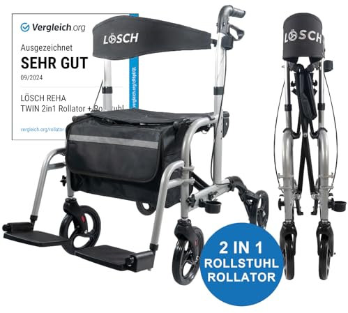 LÖSCH REHA TWIN 2 in 1 Rollator und Rollstuhl I Leichter & faltbarer Rollator mit Rollstuhlfunktion für drinnen & draußen I Mit Tasche, Stockhalter & Fußstützen I Leicht umbaubar I Silber-Metallic