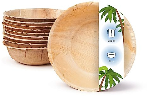 onlyleaf Palmware - umweltfreundliches Einweggeschirr aus Palmblättern I 25 Stück Palmblatt Schale rund 750ml I Salat-Schüssel Dipschalen Suppenschale Servierschale Snackschale