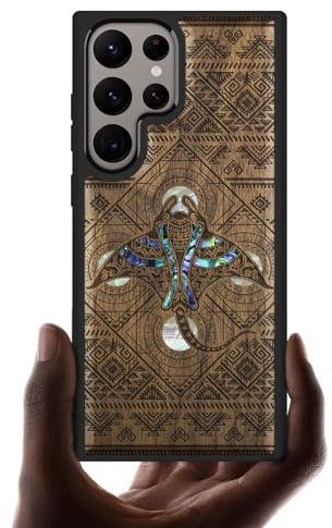 Carveit Designer Wooden Case for Samsung Galaxy S24 Ultra Case [Wood Engraving & Shell Inlay] Compatible with Wireless Chargers S24 Ultra Case (The Tribal Manta Rays-Walnut)