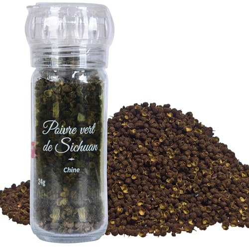 Khla - Poivre de Sichuan Vert - Moulin 24 g Rechargeable - Poivre en Grain - Ingrédient Épicerie Fine Cuisine - Baies de Sichuan Vertes - Direct Producteur - Timut Szechuan - Origine Chine
