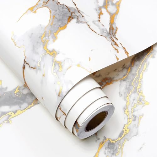 FunStick 40CM × 6M Möbelfolie Vit Marmor Tapet Självhäftande Vit Guld Limfolie Möbler Kök Marmorfolie Arbetsskiva Kök Marmor Vit Guld PVC Möbelfolie Självhäftande Köksskåp Vardagsrum