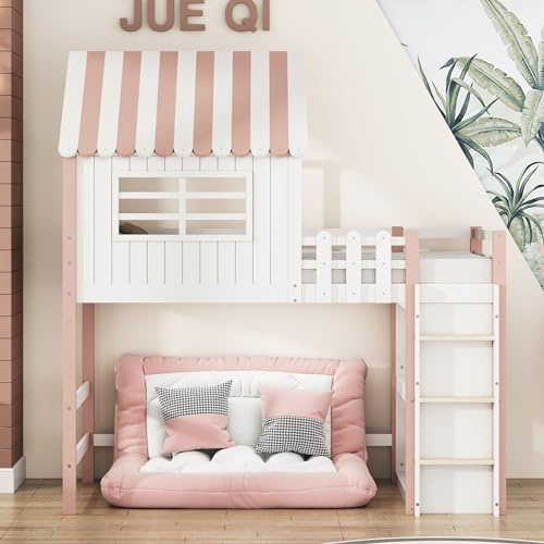 YCYDHDM Hochbett 90x200cm mit Fenster und Dach, Kinderhochbett Hausbett mit Rausfallschutz und Stauraum, Bettgestell aus Massivholz, Bett mit Lattenrost, Ohne Matratze, Kinderbett, Rosa