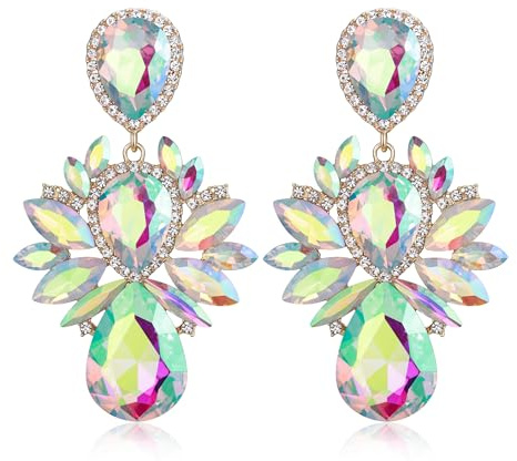 EVER FAITH Boucles d'oreilles à clip en cristal pour mariage avec strass pendants - Style vintage goutte - Marquise - Lustre imposant - Clip pour femmes, mariées, fêtes - Transparent - Tonalité argent
