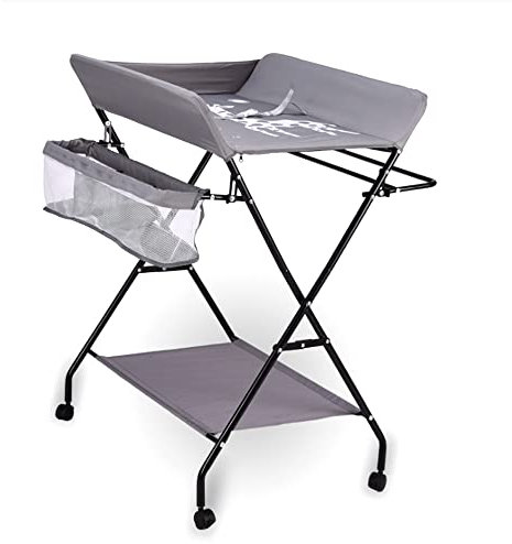 Wickeltisch, faltbar, Wickelkommode für Kinder, verstellbar, Babymöbel, Windel-Organizer mit Aufbewahrungstaschen und Rollen, platzsparende Mobile Babymassageeinheit für 0–12 Monate, grau