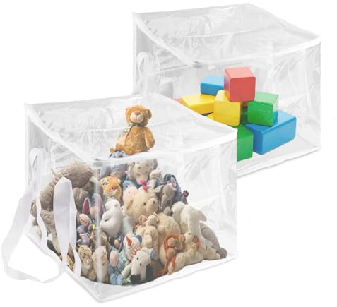 2stk Extragroß Aufbewahrungsbeutel für Spielzeug, 35x35x35cm Durchsichtige Aufbewahrungsbeutel Kunststoff mit Griff und Reißverschluss Spielzeug-Organizer für Bauklötze Puzzles Kleidung Garn