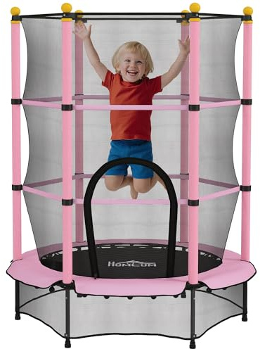 HOMCOM Trampoline Enfant Ø1,40 x 1,90H m Filet de Sécurité Porte Zipée Rose