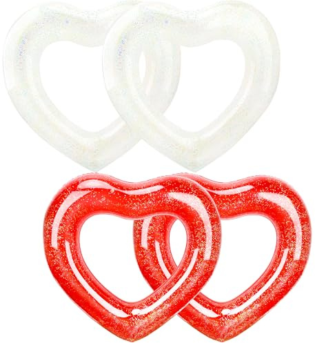 Sonarun 4 Pack Inflatable Swim Rings Float Heart Shaped Swimming Circle Pool Floats for Adults Pool Beach Party Supplies, 47.2 x 39.4 Inch (Red, White)