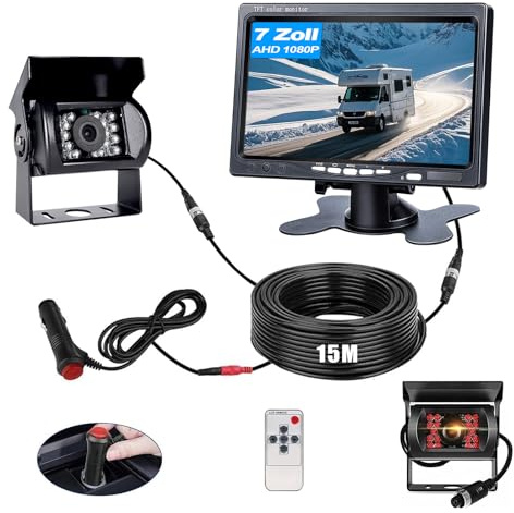 GREENAUTO 7 1080P HD Rückfahrkamera Set, Infrarot Nachtsicht IP69K Staubdichte wasserdichte Rückfahrkamera，15M Kabel unterstützt Doppelkanäle，Einparkhilfe für LKW Wohnwagen Anhänger