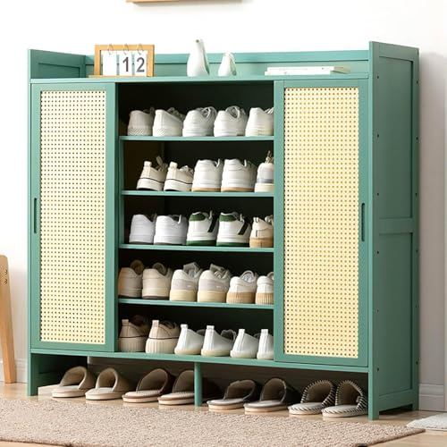 Zapatero de bambú con puerta corredera de ratán, organizador independiente para zapatos, para entrada, pasillo, oficina, color verde (117 x 32 x 106 cm)
