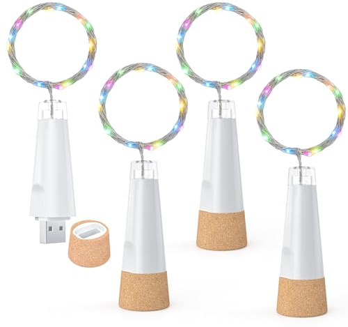 Dumcuw Flaschenlichter mit Korken, USB wiederaufladbares Weinflaschenlicht, batteriebetriebene Gläser, Lichterkette, 2025 verbesserte Lichterkette für Weihnachtsdekorationen(Mehrfarbig, 4er-Pack)