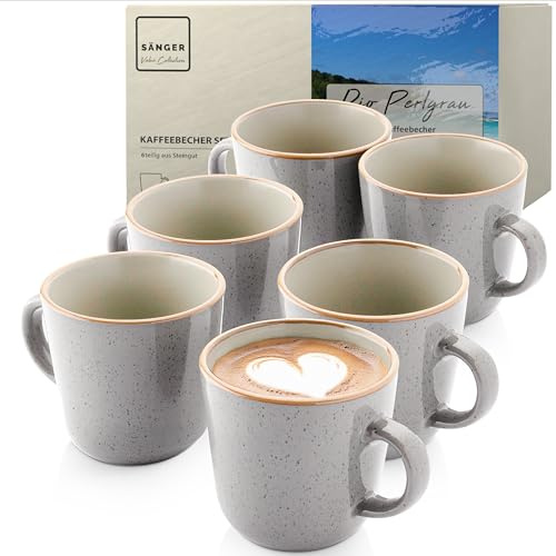 SÄNGER Rio Perlgrau Kaffeebecher 6 tlg, Steingut Tassen Set 6 Personen | onen, Tassen multifunktional, spülmaschinen- mikrowellenfest, Coffee Mug Teetasse, Kaffeetassen grau 430 ml
