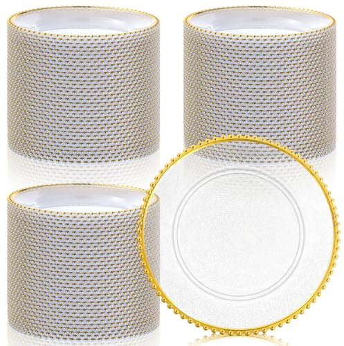 Hoolerry 100 Pack Clear Charger Plates Bulk 13 Inch Acrylic Round Dinner Charger Plates Beaded Frosted Grain Dinner Decorative Dishes for Wedding Party Events Home Kitchen Tabletop(Gold,Beads)