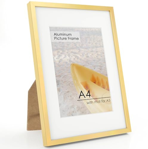 FLYJOE A4 Picture Frame Gold - High-End Metal 8.3 x 11.7 Frame Aluminum Frame for Wall, Photo Frame with Mat for A5, 8.25 x 11.75 Poster Frame, Certificate Frame with HD Plexiglass, Wall Kit, Gold