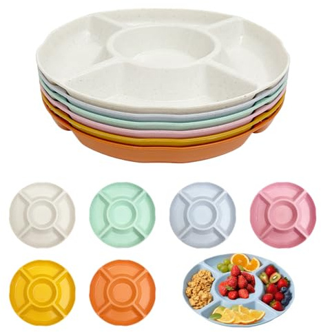 Orizizhic 6PcsColorful Snack Tray, Serving Plate with 5 Compartments 22.6CM Reusable Snack for Plate Party Food Desserts Fruits Nuts Candies Round Plastic Compartment Tray (6 Colours)