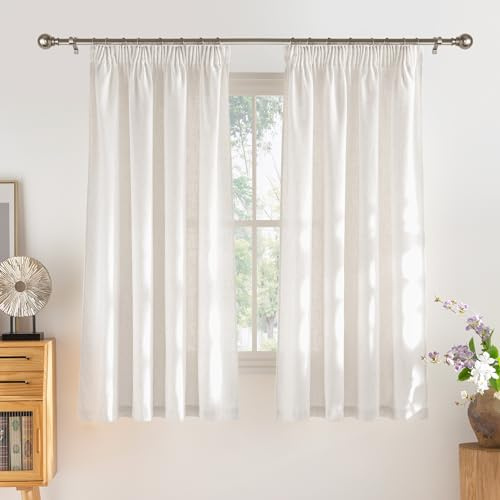 PONY DANCE Leinen Vorhang Halbtransparent Gardinen Kurz Küche/Schlafzimmer | Hellcreme,2er Set,H145 x B140 cm,Dichter Leinenvorhang(250g/m²),Boho Gardinen Leinenoptik mit Kräuselband,Linen Curtains