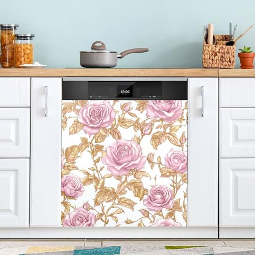 Ttgoth Copertura magnetica decorativa per lavastoviglie con rose rosa, pannello di copertura per porta d'ingresso, adesivo per elettrodomestici da cucina, 58,42 x 66,04 cm