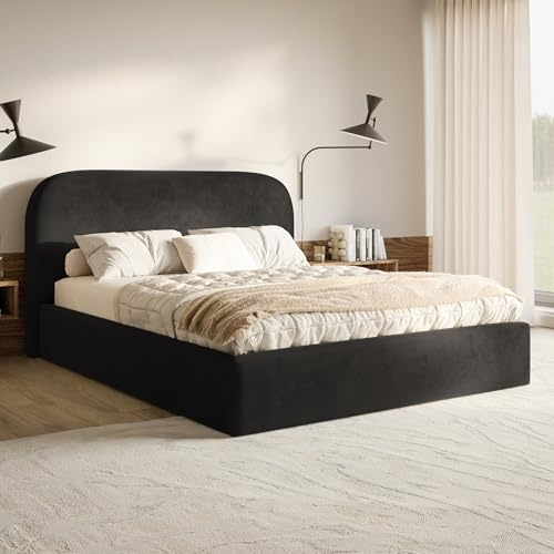 MOTIVENA Mono Bett 120x200 Schwarz Samt, mit Stauraum, mit Kopfteil, mit Lattenrost, ohne Füße, ohne Matratze, Polsterbett 120x200 mit Bettkasten Schwarz