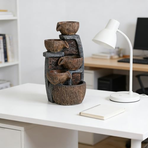 Indoor Desktop Fountain, LED Light Layered Rock Water Waterfall Fountain, Indoor Desktop Decoration, Quiet and Relaxing Indoor Water Feature Decoration (Grey)