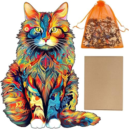 Wooden Jigsaw Puzzle for Adults and Teens, 300 Pcs Maine Coon Cat Wooden Puzzles, Unique Animal Shape with Box, Home Decor and Birthday Gifts for Family Friend
