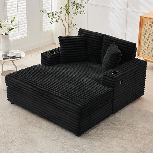 GarveeHome Oversized Chaise Lounge Chair Indoor, 56x60 in Comfortable Corduroy Lounge Sofa with Charging Ports & Cup Holders, Cozy Reading Couch for Bedroom Living Room Apartment, Black (Black)
