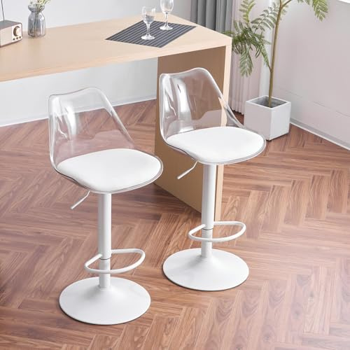 Fiximaster Barhocker Transparent 2er Set, Höhenverstellbare Tresenhocker mit Rückenlehne & Fußstütze, Drehbare Barstühle 360° gepolstert, Moderne Küchenhocker für Esszimmer, Theke & Bar (Weiß)
