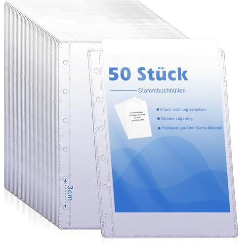 50 Stück Stammbuchhüllen A5 6 Loch Extra Stark 15 X 21cm Klarsichthüllen Für Stammbuch Prospekthüllen Stammbuch Ohne Zipper A5 Binder Taschen für Dokumenten Stammbücher Akten Familienfotos (50)