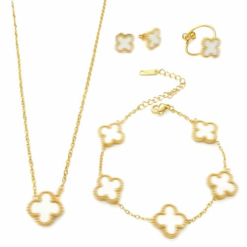HESUSUSI 18K Goldplattiertes Vierblättriges Kleeblatt Schmuck Set, Edelstahl Zweiseitig Vierblättriges Schmuck, Halskette Ohrringe Armband Ring Valentinstag Muttertag Weihnachten Geschenk für Damen