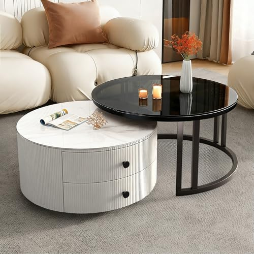 Couchtisch 2er Set, Weiße Marmor Satztisch mit Schubladen, Beistelltisch mit Metallrahmen und Glas, Platzsparender Moderne Sofatische für Schlafzimmer Wohnzimmer Balkon Wohnung,Rund weiß
