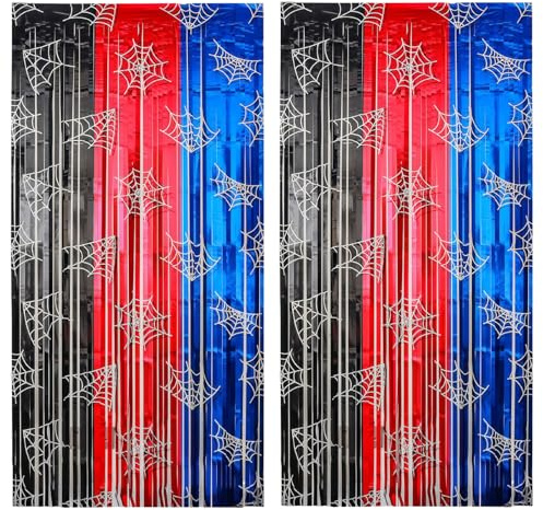 XSCSFWEQR 2 Pack 3.3 Ft x 6.6 Ft Spider Web Red Black Blue Metallic Tinsel Foil Fringe Curtains Shimmering Streamers Backdrop Photo Props for Spider Birthday Party Decoration